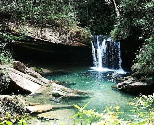 Vista ampla da Cachoeira do Sibrão cercada pela mata